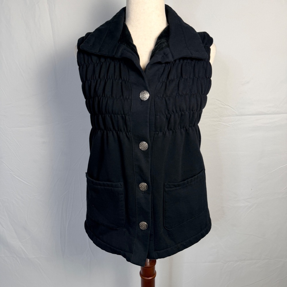 Chokolat Black Faux Fur Lined Smocked Vest Womens Button Front Pockets cozy, M